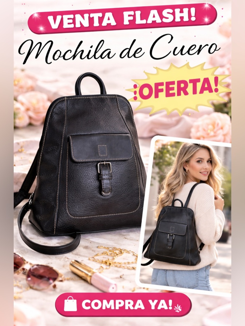 Elegant Black Leather Women's Backpack